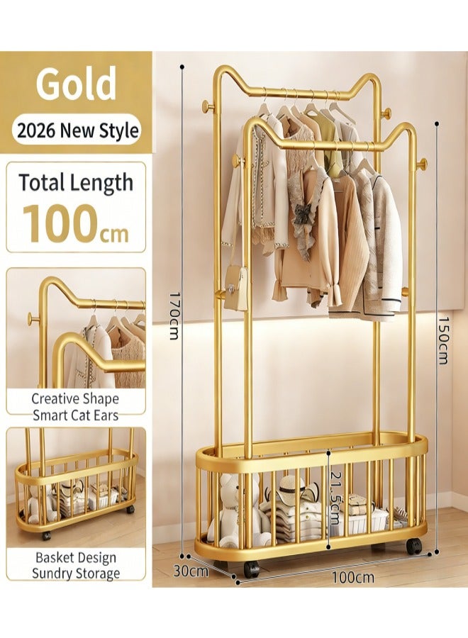Double Rods Clothes hanging rack With Wheels, Heavy Duty Clothes Racks For Hanging Clothes, Metal Freestanding Garment Racks, Portable Closet Rack For Bedroom Laundry Room(Gold,100cm) - Image 1